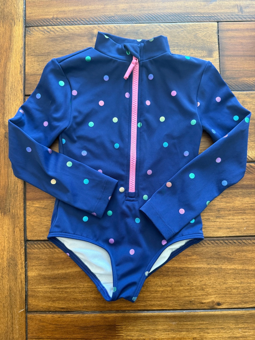 Mini Boden Navy Long-Sleeve Polka Dot Rashguard with Pink Zip